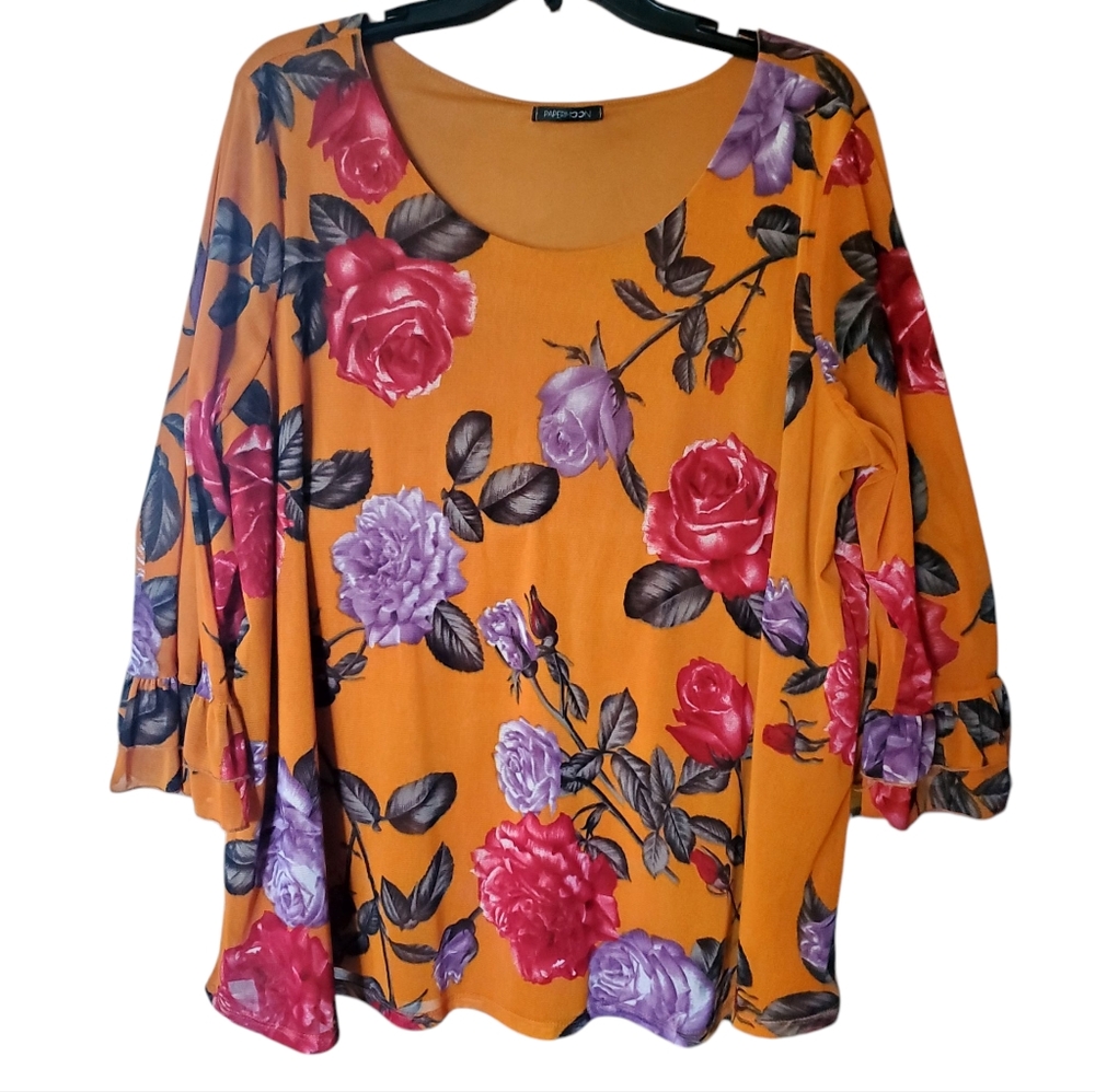 Papermoon Mustard Yellow and Pink Floral 3/4 Sleeve Blouse Sz 2X